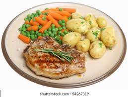 Grilled Pork Chops with Peas and Carrots and Potatoes
